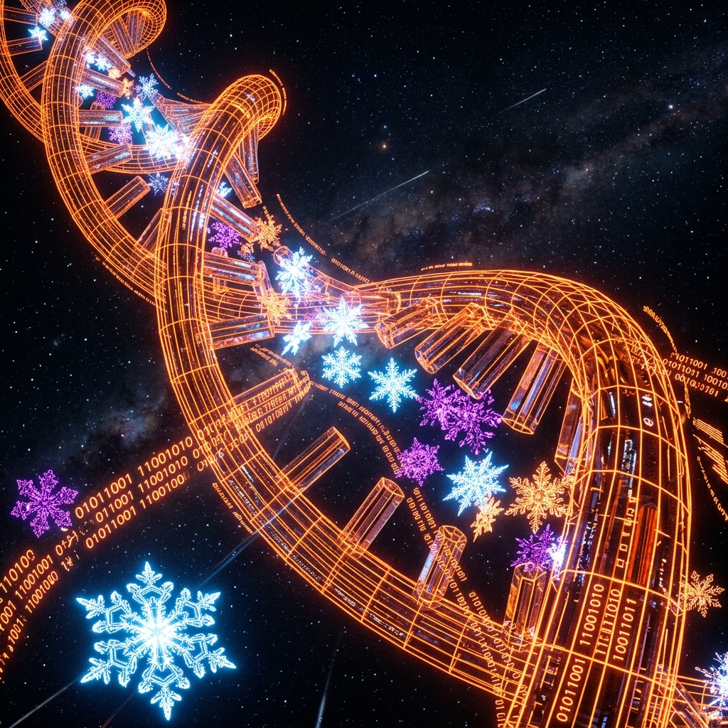 Orange double helix with snowflake blood cells — the internal binary flow of the soul DNA